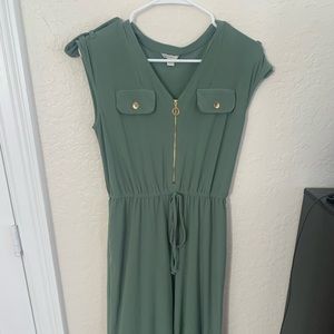 Cropped Green Jumpsuit, Gold Detail, Cap Sleeve